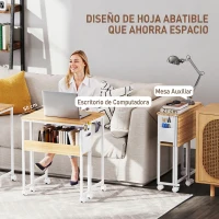 HOMCOM Escritorio Plegable con Ruedas Balda y Bolsillo de Almacenaje Ideal para Espacios Pequeños 63x50x75 cm Blanco y Natural(m-4)