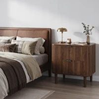 Modern Walnut-Effect Bedside Cabinet with 2 Drawers and Fluted Fronts, Retro Storage for Bedrooms and Offices, 57L x 40W x 57H cm, Walnut(m-5)
