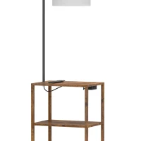 HOMCOM Dimmable Floor Lamp with Shelves, Charging Station, 3-Tier Storage Table, Adjustable Fabric Lampshade, Rustic Brown(m-13)