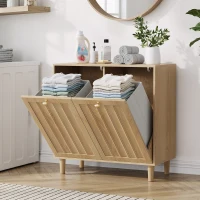 Slanted Laundry Cabinet with 2 Removable Inner Baskets, Freestanding Storage Unit for Bathroom and Laundry, 69.5L x 35W x 70.5H cm, Oak(m-8)