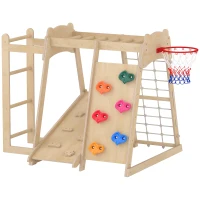 AIYAPLAY 7-w-1 Montessori zestaw wspinaczkowy do domu, drewniany plac zabaw z zjeżdżalnią, ścianką wspinaczkową, drążkami i koszem do koszykówki, drabinką(m-11)