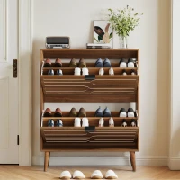 Farmhouse Walnut Shoe Storage Cabinet with 2 Flip Drawers, Slim Fence Shoe Cabinet for Corridor Entrance, 80L x 24W x 98H cm, Walnut(m-1)