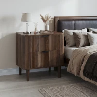 Modern Walnut-Effect Bedside Cabinet with 2 Drawers and Fluted Fronts, Retro Storage for Bedrooms and Offices, 57L x 40W x 57H cm, Walnut(m-4)