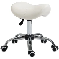 HOMCOM Tabouret à roulettes, tabouret de massage avec hauteur réglable 49-61 cm et selle ergonomique, chaise de travail à roulettes pivotant 360°, pour salon de massage tatouage clinique spa, blanc(m-11)