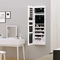 HOMCOM Espelho com Móvel de Bijuterias de Parede ou Porta Espelho de Parede com LED 5 Prateleiras 2 Gavetas pequenas e Fechadura 37x120x10cm Cinza Claro(m-8)