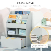 HOMCOM Estantería Infantil de Madera con 3 Compartimentos 2 Cubos y Cajón Móvil con 4 Ruedas 60x29,9x90 cm Gris(m-4)