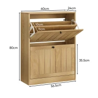 Slim Oak Hidden Shoe Cabinet with 2 Drop-Down Drawers, Mid-Century Freestanding Shoe Cabinet for Hallway, 60L x 24W x 80H cm, Oak(m-3)