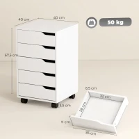 HOMCOM Caisson Bureau Mobile avec 5 Tiroirs, Meuble Rangement Bureau sur Roulettes pour Documents et Imprimante, Blanc(m-3)