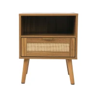 Boho Rattan Nightstand with Rattan Drawer, Open Shelf and Gold Handles, Mid-Century Bedside Table for Bedroom, 45L x 40W x 55H cm, Walnut(m-2)