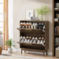 Warm Walnut Shoe Storage Cabinet with 2 Flip-Top Drawers, Mid-Century Freestanding Shoe Cabinet for Entry Hallway, 80L x 24W x 95H cm, Walnut(m-5)