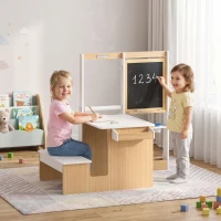 AIYAPLAY Ensemble Table pour Enfant avec Banc en Bois 5-en-1 avec Chevalet, Tableau Noir et Blanc Double Face, 3-8 Ans, Blanc(m-16)