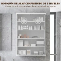 HOMCOM Botiquín de Pared de 5 Niveles con 2 Puertas de Cristal Estantes Ajustables Cerradura y 2 Llaves 60x17x82,5 cm Blanco(m-4)