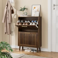 Rustic Walnut Shoe Storage Cabinet with 2 Flip Drawers, Compact Fence Shoe Cabinet for Hallway Entrance, 60L x 24W x 93H cm, Walnut(m-4)