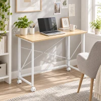 HOMCOM Klappbarer Schreibtisch mit Rädern, platzsparend, Stahl, MDF, Natur(m-8)
