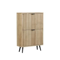 Slimline Oak Freestanding Shoe Cabinet with 2 Tilt-Out Compartments, Mid-Century Shoe Organizer for Hallway Porch, 60L x 24W x 95H cm, Oak(m-2)