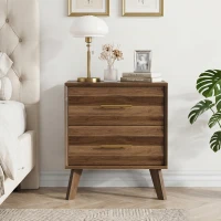 Sturdy Walnut Double Drawer Bedside Table with Metal Handles, Sleek Bedside Storage Cabinet for Bedroom, 50L x 40W x 58H cm, Walnut(m-1)