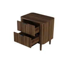 Modern Walnut-Effect Bedside Cabinet with 2 Drawers and Fluted Fronts, Retro Storage for Bedrooms and Offices, 57L x 40W x 57H cm, Walnut(m-11)