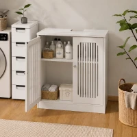 Minimalist Washbasin Cabinet with Louvered Double Doors, Sturdy Floor-Standing Storage Cabinet for Bathroom Utility, 60L x 30W x 60H cm, White(m-6)