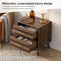 Sturdy Walnut Double Drawer Bedside Table with Metal Handles, Sleek Bedside Storage Cabinet for Bedroom, 50L x 40W x 58H cm, Walnut(m-6)