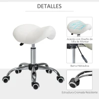 HOMCOM Taburete con Ruedas Taburete Giratoria con Altura Ajustable Taburete Cosmética Dentista Peluqueria 52x53x49-61cm Blanco(m-6)