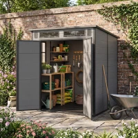 Outsunny 6 x 6 ft Plastic Garden Shed, Wood-Effect Outdoor Storage Shed with Floor, Windows, Lockable Doors and Vents, Dark Grey(m-8)
