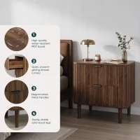 Modern Walnut-Effect Bedside Cabinet with 2 Drawers and Fluted Fronts, Retro Storage for Bedrooms and Offices, 57L x 40W x 57H cm, Walnut(m-8)