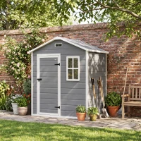 Outsunny 6 x 4ft Plastic Shed with Floor, Wood Effect Resin Garden Shed with Window, Lockable Door, Lock and Keys, Vents, All Weather Resistant for Outdoor, Patio, Lawn, Grey(m-9)