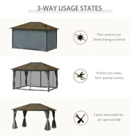 Outsunny 3 x 4m Hardtop Gazebo Canopy with Polycarbonate Roof, Aluminium Frame, Permanent Pavilion Garden Gazebo with Netting and Curtains - Grey(m-6)