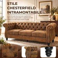 HOMCOM Divano 3 Posti Chesterfield con Seduta Ampia in Tessuto Effetto Pelle, 206x82x76 cm, Caffè(m-4)