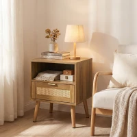 Boho Rattan Nightstand with Rattan Drawer, Open Shelf and Gold Handles, Mid-Century Bedside Table for Bedroom, 45L x 40W x 55H cm, Walnut(m-1)