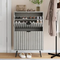 Streamlined Concealed Shoe Cabinet with 2 Flip Drawers, Secure Freestanding Storage Cabinet for Hallway Porch, 60L x 24W x 94H cm, Gray(m-1)