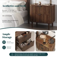 Modern Walnut-Effect Bedside Cabinet with 2 Drawers and Fluted Fronts, Retro Storage for Bedrooms and Offices, 57L x 40W x 57H cm, Walnut(m-7)