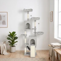 PawHut Arbre à chat tour de jeux pour chat 3 platesformes 2 niches 2 lits 2 hamacs 1 échelle hauteur 177 cm gris clair(m-2)