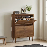 Farmhouse Walnut Shoe Storage Cabinet with 2 Flip Drawers, Slim Fence Shoe Cabinet for Corridor Entrance, 80L x 24W x 98H cm, Walnut(m-4)