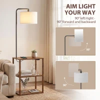 HOMCOM Dimmable Floor Lamp with Shelves, Charging Station, 3-Tier Storage Table, Adjustable Fabric Lampshade, Rustic Brown(m-5)