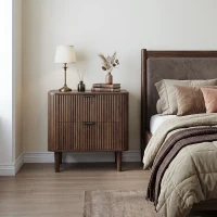 Modern Walnut-Effect Bedside Cabinet with 2 Drawers and Fluted Fronts, Retro Storage for Bedrooms and Offices, 57L x 40W x 57H cm, Walnut(m-6)