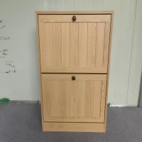 Slim Oak Hidden Shoe Cabinet with 2 Drop-Down Drawers, Mid-Century Freestanding Shoe Cabinet for Hallway, 60L x 24W x 80H cm, Oak(m-9)