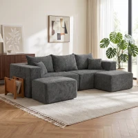 HOMCOM Sofá Modular en U de 3 Plazas con 2 Otomanas Bolsillos Sofá de Chenilla con Asiento Ancho No Requiere Montaje Gris(m-10)