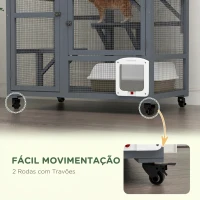 PawHut Gaiola Interior para Gatos em Madeira com Rodas, Portas, Plataformas de Salto, Rede e Topo Basculante, 110x100x60 cm, Cinzento(m-5)