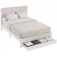 HOMCOM Pat Tapițat 140x200 cm cu Tăblie Căptușită și Sertar Depozitare Lamele de Lemn Asamblare Ușoară Bej(m-12)