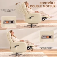 HOMCOM Fauteuil Relax Électrique Pivotant Massant et Chauffant Fauteuil Inclinable en PU Hauteur Réglable Double Moteur Crème(m-5)
