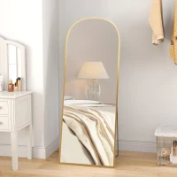HOMCOM Oglindă Modernă de Podea și Perete din Aliaj de Aluminiu cu Suport Pliabil, 59 x 161,5 cm, Auriu(m-2)