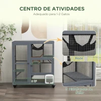 PawHut Gaiola Interior para Gatos em Madeira com Rodas, Portas, Plataformas de Salto, Rede e Topo Basculante, 110x100x60 cm, Cinzento(m-4)