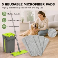 HOMCOM Mop and Bucket Set, Compact Flat Mop System with Wringer, 2 Chambers, 5 Reusable Pads, Dark Grey and Green(m-6)