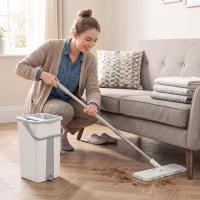 HOMCOM Mop and Bucket Set, Compact Flat Mop System with Wringer, 2-Chamber Design, 5 Reusable Pads, 127cm Handle, White(m-14)