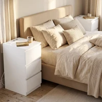 HOMCOM Set di 2 Comodini Stretti con Stazione di Ricarica e 3 Cassetti, Bianco Lucido(m-9)
