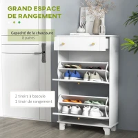 HOMCOM Meuble chaussure entrée étroit avec tiroirs à portes abattants et étagère réglable, 60 x 23,5 x 98,5 cm, blanc(m-4)