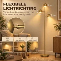 HOMCOM 350° verstelbare vloerlamp voor woonkamer en kantoor, staande lamp met 3 stalen kappen, goudkleurig(m-5)