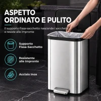 HOMCOM Pattumiera Rettangolare a Pedale 50L in Acciaio Inox con Chiusura Ammortizzata, Scomparto per Deodorante, Argento(m-7)