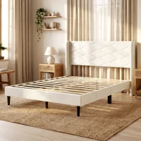 HOMCOM Cama Estofada 140x200 cm com Cabeceira Acolchoada com Abas em Veludo, Ripas de Madeira, Montagem Fácil, Bege(m-10)